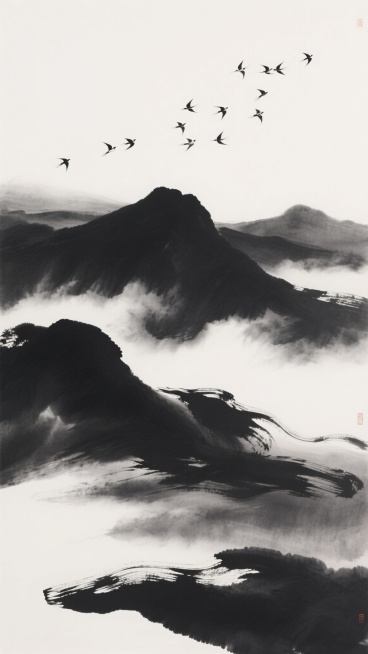 中国传统水墨风格，以浓淡不一的黑色墨色渲染出流动的山峦与云雾，墨色层次丰富，笔触挥洒自如，营造出宁静悠远、意境空灵的氛围。画面上方，变换造型的飞鸟群以留白的方式呈现，或呈不规则的散点分布，或组成新的飞行队列形态，点缀于深邃的墨色背景中，与下方流动的墨韵形成动静对比，整体构图遵循水墨写意的留白美学，黑白灰三色交织，展现出东方艺术的含蓄与韵味。预览效果