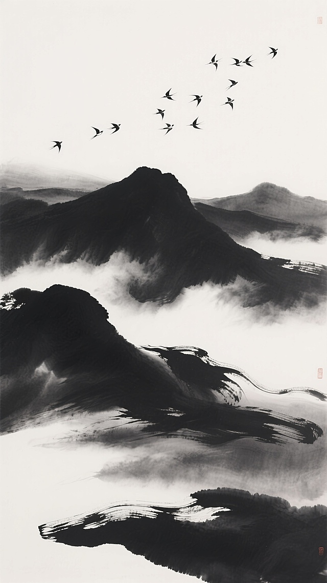 中国传统水墨风格，以浓淡不一的黑色墨色渲染出流动的山峦与云雾，墨色层次丰富，笔触挥洒自如，营造出宁静悠远、意境空灵的氛围。画面上方，变换造型的飞鸟群以留白的方式呈现，或呈不规则的散点分布，或组成新的飞行队列形态，点缀于深邃的墨色背景中，与下方流动的墨韵形成动静对比，整体构图遵循水墨写意的留白美学，黑白灰三色交织，展现出东方艺术的含蓄与韵味。