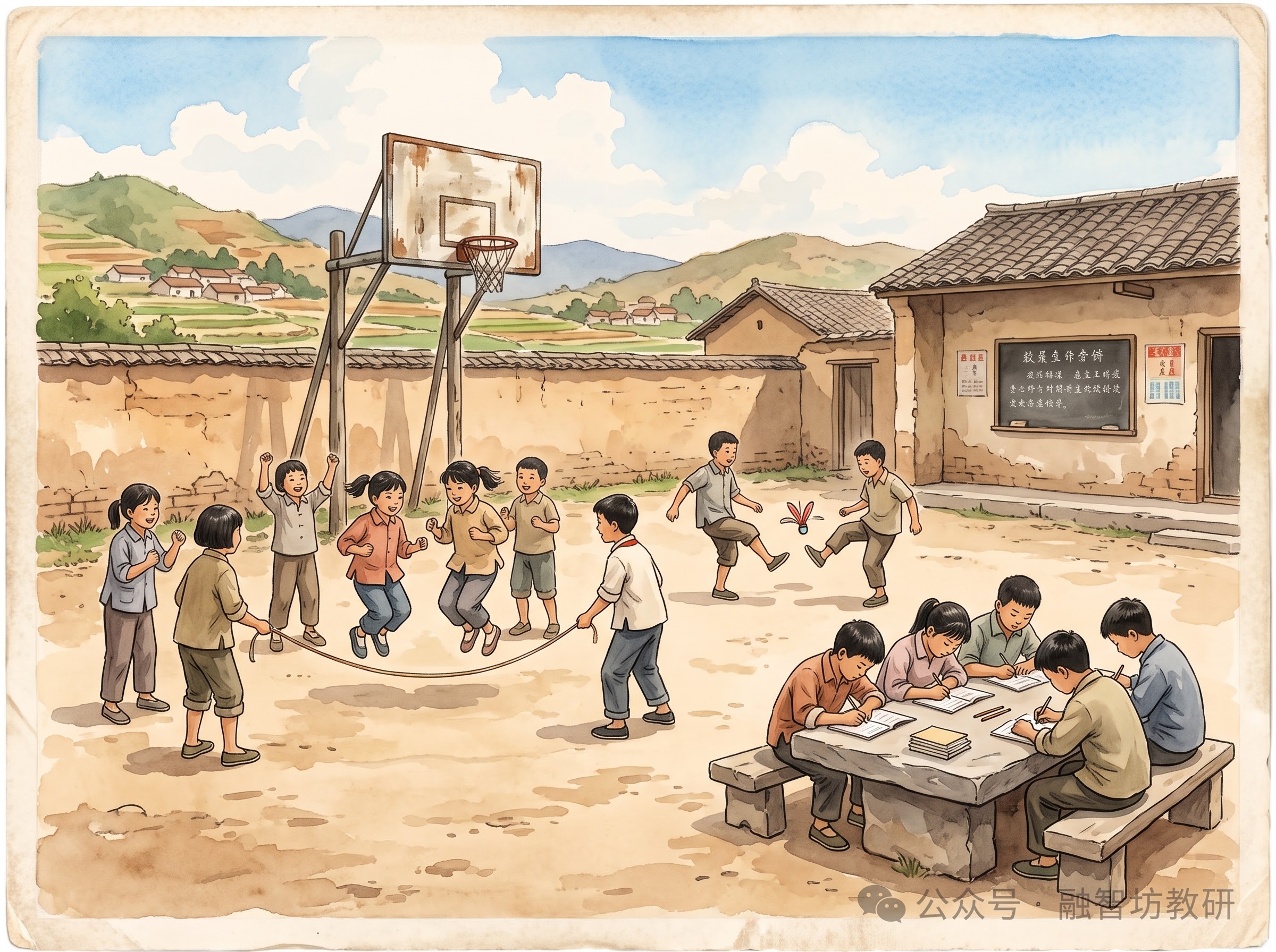 参考两张图的怀旧乡村校园风格，生成一张全新的不同场景的乡村校园… - 图片创意预览