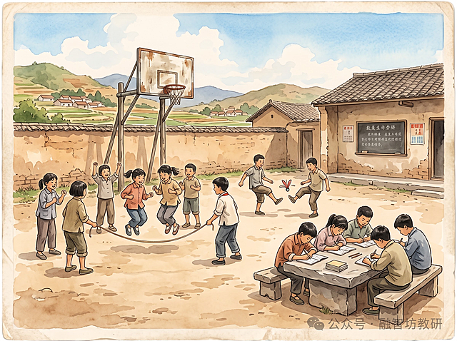 参考两张图的怀旧乡村校园风格，生成一张全新的不同场景的乡村校园老照片：课间休息时学生们在土操场上跳皮筋、踢毽子，旁边有老旧的篮球架和土坯围墙，几个学生趴在石桌上写作业，阳光明媚，蓝天白云，七八十年代中国乡村小学风貌，水彩插画风格，色彩柔和温暖