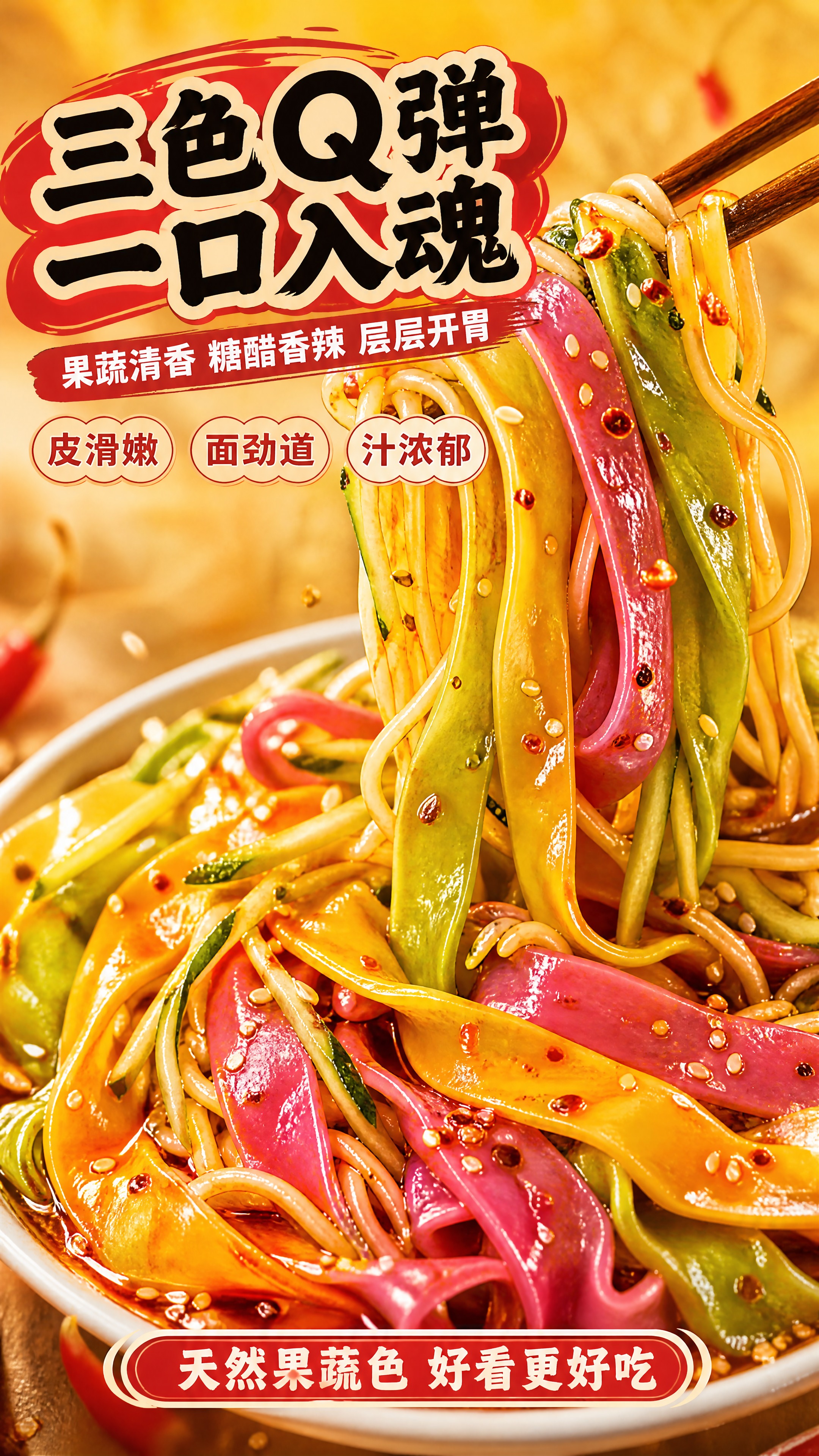 [商品] 使用【图1】三色果蔬凉皮凉面作为口感特写主体；保留火… - 图片创意预览