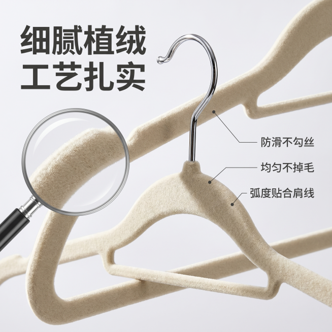 [主图 3] 细节展示，微距拍摄植绒材质和工艺
[氛围风格] 写实特写，突出质感，干净简洁
[画质] 商业摄影质感，光线柔和通透，产品清晰真实，画面干净高级
[元素] 放大镜区域放大展示衣架表面的植绒预览效果