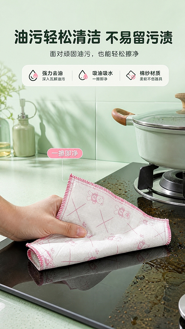 [商品] 使用【图1】新款棉纱抹布（粉白格子+粉色锁边），平铺全貌；商品处理：保留格子印花、粉色锁边、棉纱材质；增强纹理质感。
[画面] 去油污功能演示页，目标展示顽固油污轻松擦净。真实厨房场景，灶台或餐盘上有油污，一只手正用抹布擦拭油污，擦拭过的区域洁净光亮；抹布占画面40%，呈使用中的弯折状态；背景为厨房灶台、锅具等，营造真实使用氛围。
[视觉] 套系策略：风格=清新洁净家居商业摄影；标题字=圆润黑体粗体；正文字=简洁无衬线黑体；主色=清新薄荷绿；背景延展=基于薄荷绿做深浅层级渐变、厨房台面与墙面同色系延展；强调色=暖粉色（呼应抹布印花），仅用于小面积图标、标签和点缀；标题色=深墨绿；正文色=中灰绿；组件=圆角信息卡、水滴形图标、细线引线；光影=左前侧柔和自然光，明亮通透。
[文字] 顶部主标题"油污轻松清洁 不易留污渍"，副标题"面对顽固油污，也能轻松擦净"；画面旁用引线标注"一擦即净"；文字横向排版，位于画面上方，不遮挡擦拭动作。
[规格] 图片比例9:16竖版，4K，避免变形、错字、文字过小、油污画面过度恶心、抹布印花失真、绝对化用语。