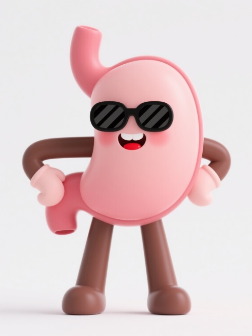 扁平化矢量插画，拟人化胃器官卡通形象，主体柔和粉渐变+深棕描边，戴黑条纹墨镜，上扬嘴角露白牙红舌、脸颊红晕，双手叉腰，简单几何形棕手臂腿，自信挺拔站姿，明快色彩简洁线条，活泼表情，纯白背景，友好俏皮且保留肠胃元素的干净风格提示词预览效果