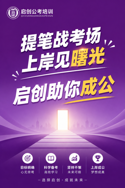 启创公考教室竖版励志KT板，9:16竖版对应60X90cm尺寸，紫色主色调，左上角放置启创logo，内容为上岸励志标语："提笔战考场，上岸见曙光，启创助你成公"，设计简约大气，文字醒目清晰，积极励志，预览效果