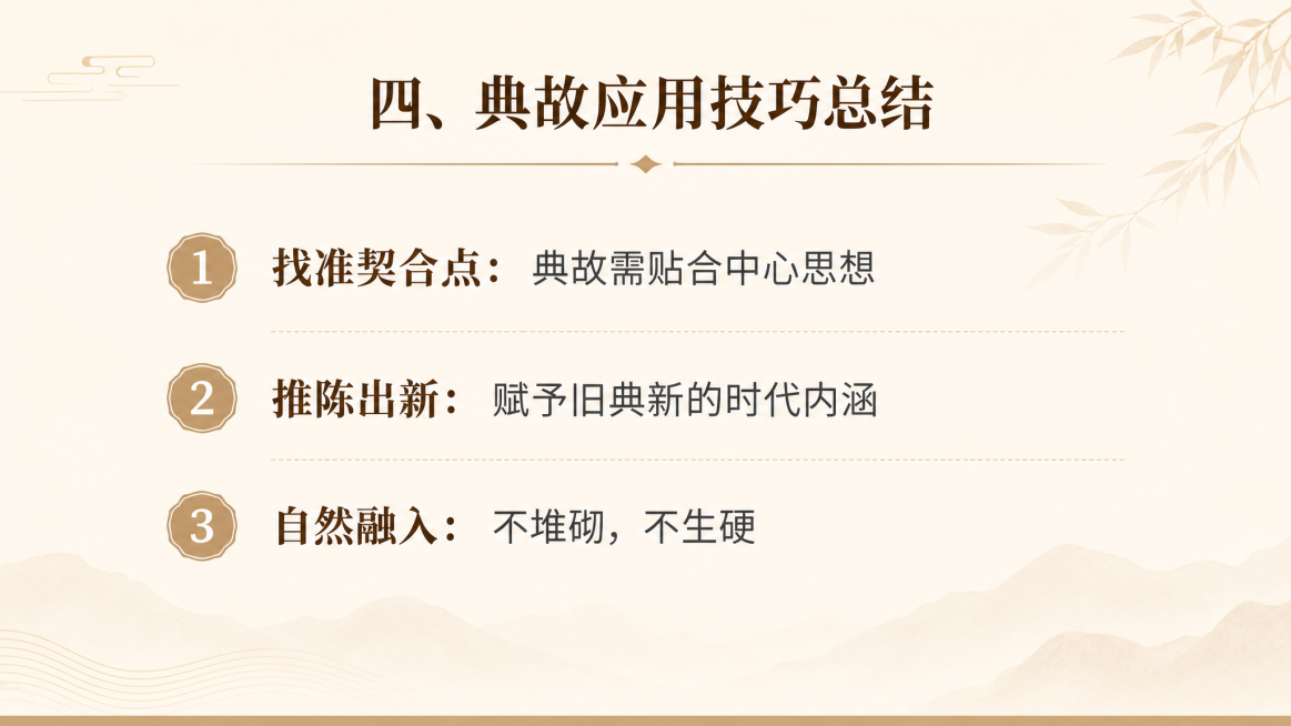 微课PPT总结页，标题“四、典故应用技巧总结”，分点：1. 找准契合点：典故需贴合中心思想 2. 推陈出新：赋予旧典新的时代内涵 3. 自然融入：不堆砌，不生硬，淡米色调简约背景，清晰排版预览效果