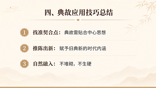 微课PPT总结页，标题“四、典故应用技巧总结”，分点：1. 找准契合点：典故需贴合中心思想 2. 推陈出新：赋予旧典新的时代内涵 3. 自然融入：不堆砌，不生硬，淡米色调简约背景，清晰排版