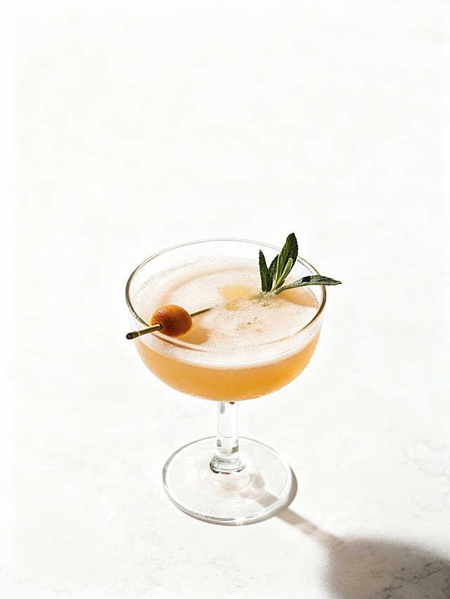 清透玻璃杯盛装金黄鸡尾酒，搭配迷迭香与金桔，光影柔和，水彩般清新雅致，尽显夏日文艺氛围。