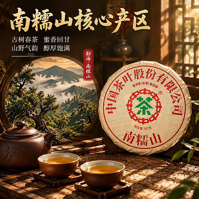 [主图-2 800x800] 核心亮点与溯源：南糯山核心产区价值展示，建立产地信任。更换背景为茶山意境场景，添加产地营销文案。
[统一基调] 沉浸式氛围感国风高级风格，深棕木色+暖金色为主色调，背景为暗调古雅场景，暖调侧逆光，标题字色暖金色，辅助文案米白色，强调色朱红色，字体为国风书法体+细宋体辅助。
[画面] 茶饼放置在画面右侧，占比约45%，斜放在古朴竹编茶席上。左侧为南糯山古茶山云雾缭绕的意境场景（画中画形式，圆形构图），展示千年古茶树、云雾山峦。茶饼旁摆放一只紫砂茶壶和两个品茗杯，杯中茶汤金黄透亮。
[光影质感] 暖金色自然光透过窗棂洒下，在茶席上形成斑驳光影，茶饼纸面有自然明暗过渡，茶汤有通透光泽，整体柔和温润，电影级景深虚化背景。
[配色] 深棕+暖金+墨绿（茶山）+朱红印章，整体沉稳有层次。
[文字版式] 左上方主标题「南糯山核心产区」暖金书法大字，下方两行细宋体小字「古树春茶 蜜香回甘」「山野气韵 醇厚饱满」，茶山画中画旁标注「勐海·南糯山」朱红色小印章。
[输出要求] 1:1比例，文字清晰，产品清晰，无变形错字，无水印，沉浸式氛围感。