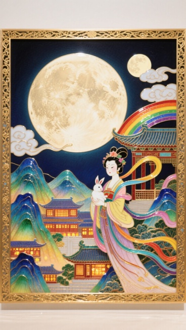 一轮巨大的圆月为占据画面中心的特写，底部以刺绣风格呈现出全景的山峦叠嶂间呈现古今建筑里万家灯火渐变温暖的光影，祥云装饰，身着传统汉服的嫦娥，怀抱玉兔，身后有飘逸彩带，背景是中式古建筑飞檐，点缀着明月、预览效果