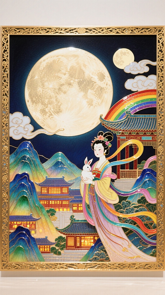 一轮巨大的圆月为占据画面中心的特写，底部以刺绣风格呈现出全景的山峦叠嶂间呈现古今建筑里万家灯火渐变温暖的光影，祥云装饰，身着传统汉服的嫦娥，怀抱玉兔，身后有飘逸彩带，背景是中式古建筑飞檐，点缀着明月、彩云， 彩云呈现出彩虹般绚丽色彩