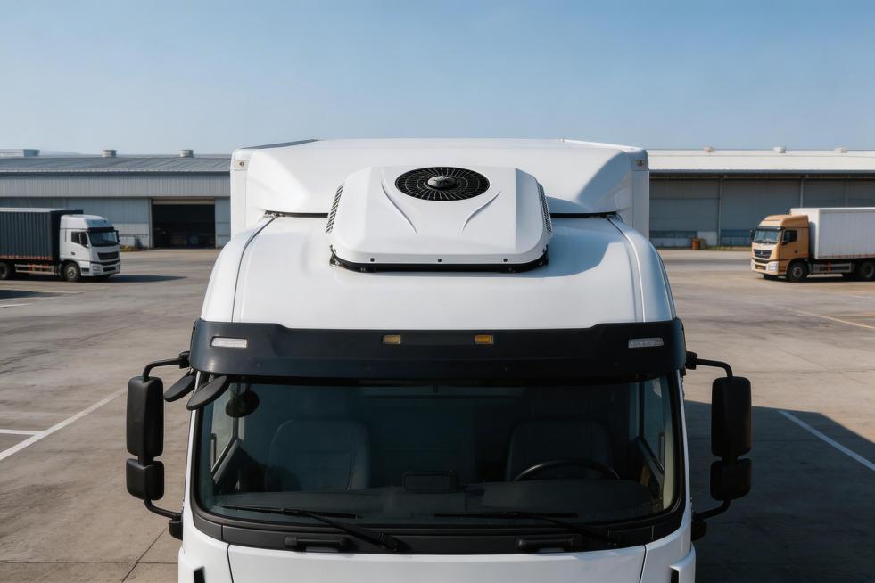 将图中的驻车空调安装到一辆白色的卡车的驾驶室的车顶，极简构图，背景是物流园区，专注细节预览效果