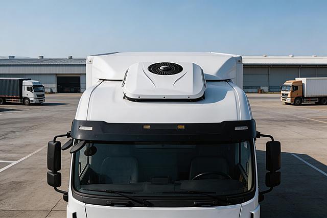 现代感十足的白色冷链卡车，融合工业风与科技感设计，金属质感车身搭配清晰光影，展现重拟物3D风格与实景质感。