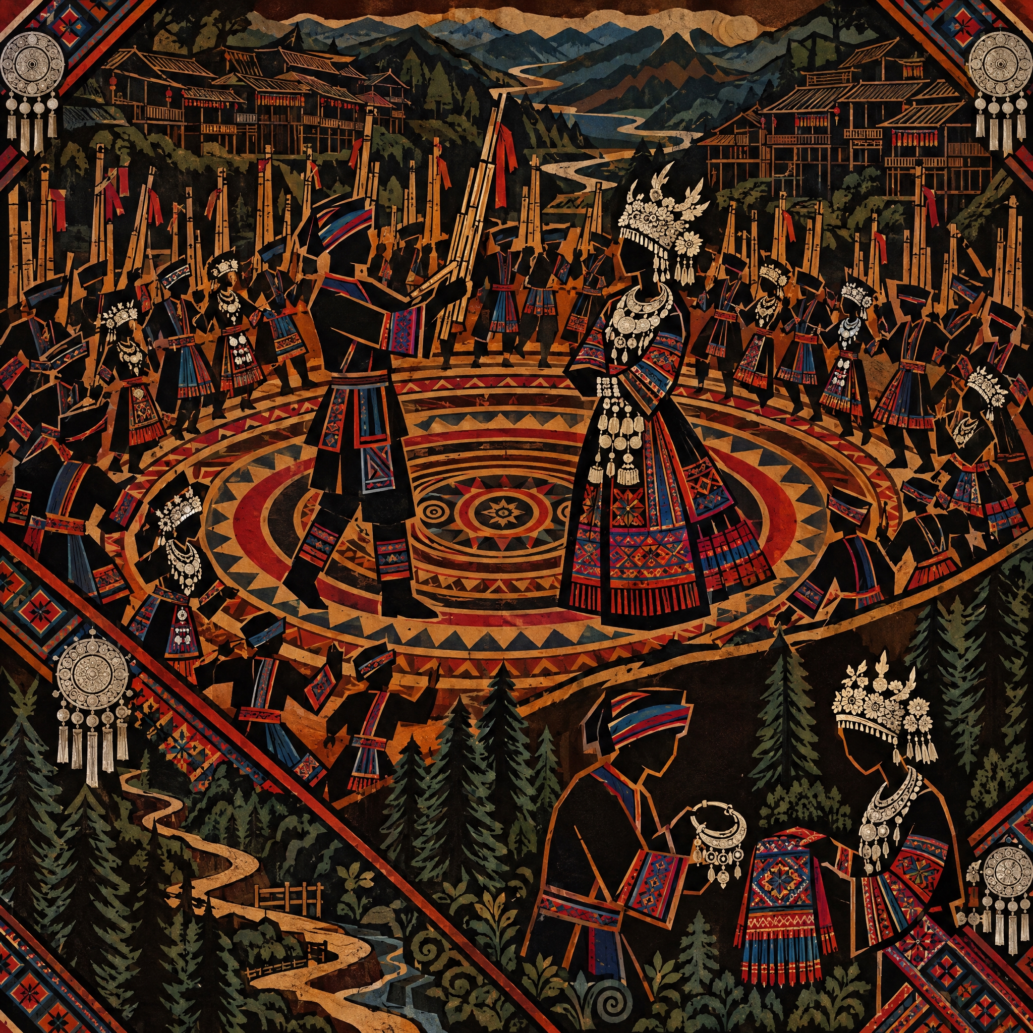 苗族叙事古歌漆画构图图纸，正方形构图，平面化装饰绘画风格，粗黑… - 图片创意预览
