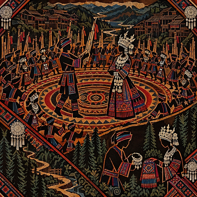 苗族叙事古歌漆画构图图纸，正方形构图，平面化装饰绘画风格，粗黑轮廓线，强烈色块，深黑深褐底色，人物为非写实几何人形与苗族剪影，不画真实五官。画面中心表现苗族青年亨兄与姑娘配列在芦笙坡会上一见倾心：亨兄双手持平举的长芦笙，配列头戴银冠银饰、身着苗绣盛装，背景是密集排列的芦笙阵、围成圆圈踏歌的人群、吊脚楼与层叠远山，圆形歌场以同心圆几何纹构成。画面下方一侧表现山林僻静处，两人交换银饰与手工织锦作为定情信物。整体融合银饰几何纹、织锦纹样、山路、杉木山林等苗族装饰元素，统一苗族漆画视觉语言。画面中不出现任何文字。