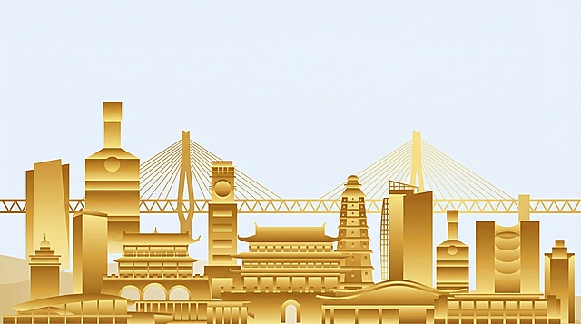 这是宜宾城市剪影，按照参考形式，重新绘制宜宾城市剪影，色彩为金色渐变。