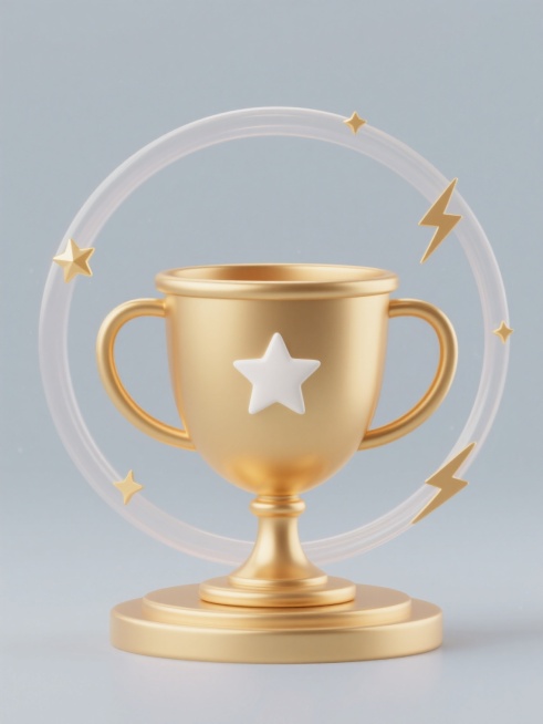 简约现代风格的纯色背景奖杯图案，单一元素规整排布，金色奖杯主体带有光滑圆润的双把手设计，杯身中央镶嵌白色五角星图标，奖杯底部为圆形底座，周围环绕半透明金色光环，点缀有小五角星和闪电形状的金色装饰元素，整体造型简洁明快，色彩纯净，符合系列素材的统一性要求。预览效果
