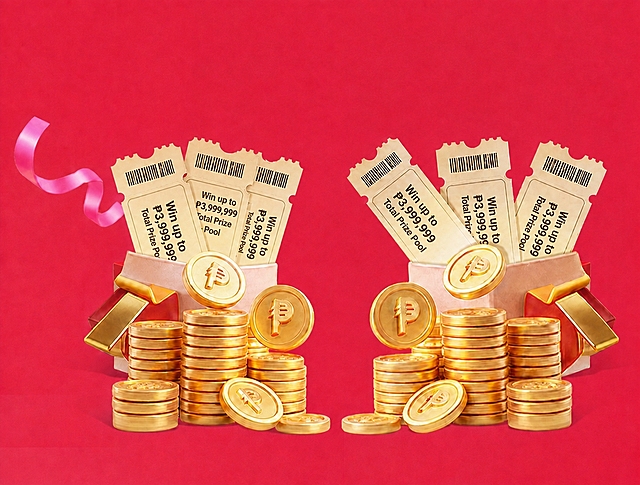 将所有6张优惠券上的文字全部替换为"Win up to ₱3,999,999 Total Prize Pool"，文字保持正向清晰可读，字体风格与原优惠券一致，排版自然美观；优惠券的米色底色、黑色条形码、锯齿边缘样式保持不变；金币、礼盒、丝带、红色背景等其他所有元素保持不变，整体风格、光影、质感与原图完全一致