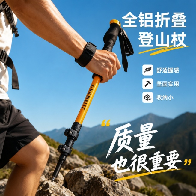 优化折叠登山杖主图，保持商品主体不变，优化背景为更简洁干净能突出商品的户外环境，更换商品展示角度，调整拍摄色度与原图差异，在图片上添加设计美观的文字“质量也很重要”，保留原图比例不变预览效果