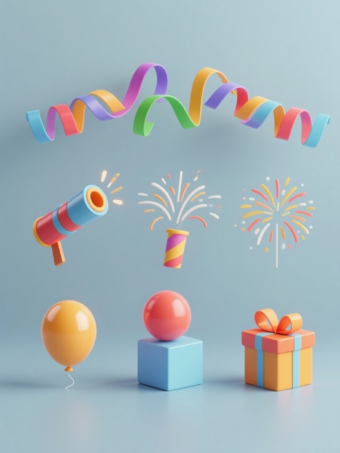 六个3D风格元素规整排布，包括拉花、彩带、礼炮、烟花、气球和礼盒，整体造型简约现代。采用纯色背景，无任何文字、logo和水印。拉花和彩带呈现出鲜艳的色彩和流畅的3D质感，礼炮设计简洁有立体感，烟花以简约的3D形态展现绽放瞬间，气球具有光滑的3D表面和饱满的立体感，礼盒为简洁的3D立方体造型。所有元素色彩明快鲜艳，光影效果柔和，营造出欢庆、现代的氛围，各元素之间排布整齐有序，形成和谐统一的整体画面。预览效果