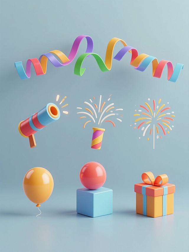 六个3D风格元素规整排布，包括拉花、彩带、礼炮、烟花、气球和礼盒，整体造型简约现代。采用纯色背景，无任何文字、logo和水印。拉花和彩带呈现出鲜艳的色彩和流畅的3D质感，礼炮设计简洁有立体感，烟花以简约的3D形态展现绽放瞬间，气球具有光滑的3D表面和饱满的立体感，礼盒为简洁的3D立方体造型。所有元素色彩明快鲜艳，光影效果柔和，营造出欢庆、现代的氛围，各元素之间排布整齐有序，形成和谐统一的整体画面。