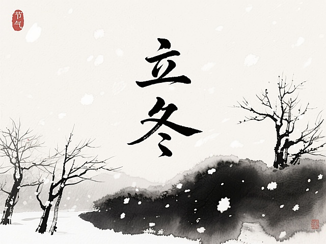 一幅带有“立冬”字样的中国传统节气水墨画，辅以飘落的雪花或光秃的树枝，意境优美。