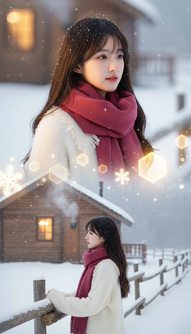 上宫格：大特写镜头，女生脸部特写，穿米白蓬松马海毛毛衣（领口带毛边），深粉色羊绒围巾绕颈两圈，冬日雪原木屋背景。木屋暖光从窗内漫出洒在侧脸，发丝沾着细碎雪绒发光，眼神带点对雪原静谧的憧憬，嘴唇微抿。
下宫格：中景镜头，女生站在木屋前的雪地中，手贴在木屋的木质围栏上看远处飘雪，身后木屋烟囱冒着袅袅炊烟，发丝被旷野的寒风轻轻吹起。
衔接元素：中间有大片六角雪花图标元素衔接，边缘带柔光效果。