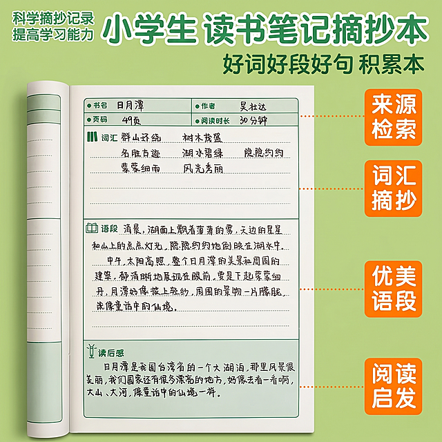 使用电商主图技能生成5张比例1:1的电商主图，适配平台为淘宝/天猫，商品为「图片1」「图片1」「图片1」「图片1」「图片1」，商品卖点为读书笔记好词好段好句摘抄本阅读记录本小学生语文读后感64页，，，其他要求为相关卖点参考原图文字部分