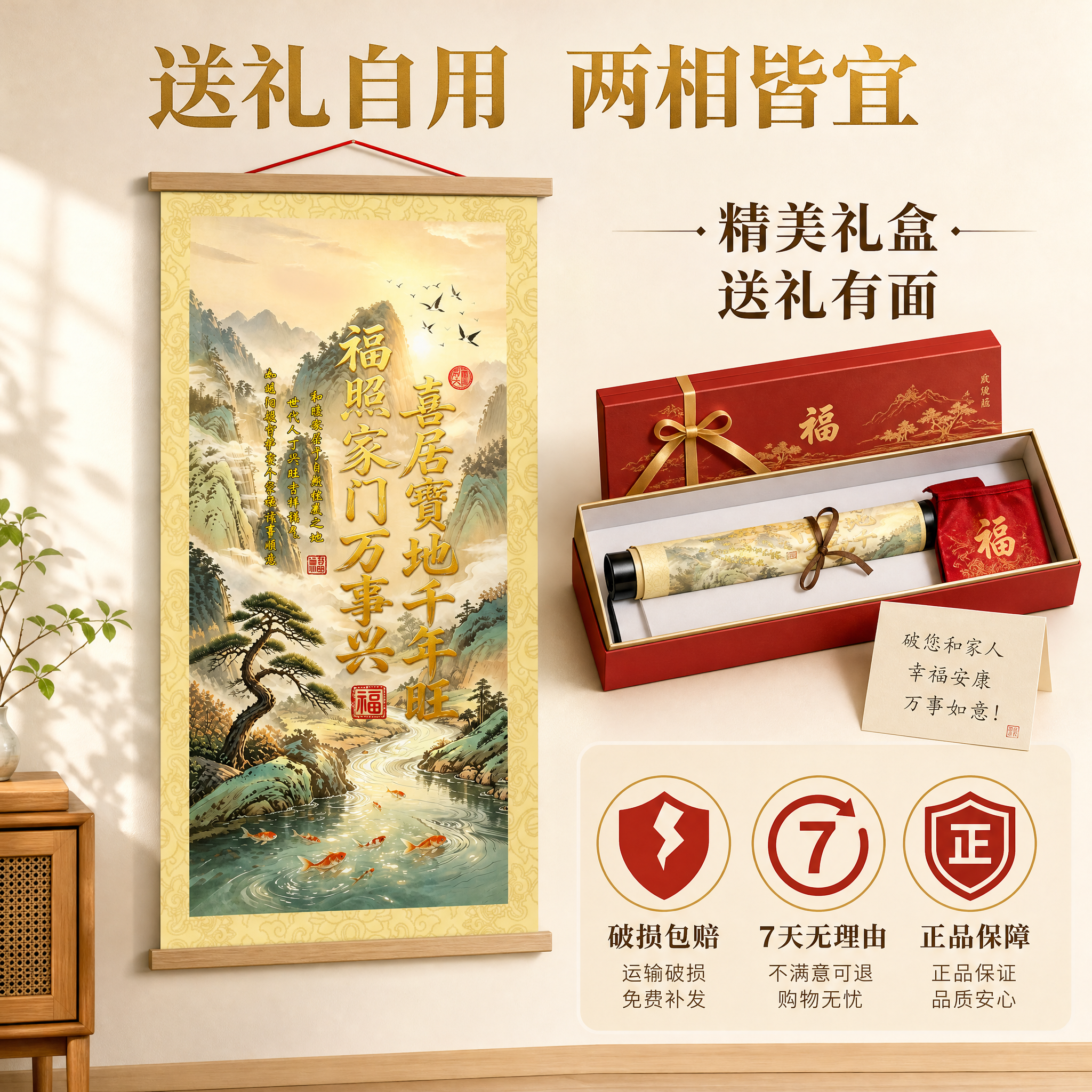 [主图-6] 福照家门山水吉祥卷轴挂画 送礼自用两相宜 服务保… - 图片创意预览