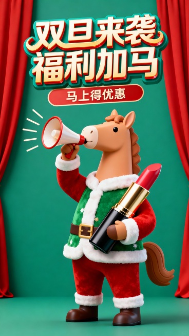 卡通风格，浅棕色拟人马，圣诞色圣诞衣，举喇叭吹奏（小线条表示发声），另一手抱着一个巨大化的口红，画面顶部巨大的3D创意变形艺术字 “双旦来袭 福利加马”（下行小字：马上得优惠），背后的红幕布预览效果