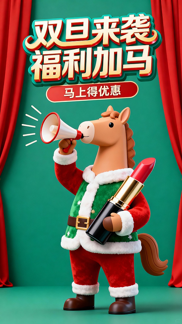卡通风格，浅棕色拟人马，圣诞色圣诞衣，举喇叭吹奏（小线条表示发声），另一手抱着一个巨大化的口红，画面顶部巨大的3D创意变形艺术字 “双旦来袭 福利加马”（下行小字：马上得优惠），背后的红幕布