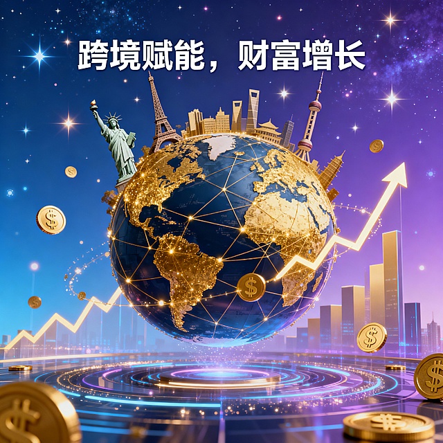 一幅象征跨境商业成功的插画，地球仪悬浮在中央，表面覆盖着金色的贸易航线网络，连接着不同大洲的标志性建筑轮廓，如纽约自由女神像、巴黎埃菲尔铁塔、上海东方明珠。地球仪周围环绕着金色的货币符号和向上增长的折线图表，背景是渐变的蓝色到紫色的星空，点缀着发光的星星和粒子效果，整体风格为科技感与未来感兼具的商业插画，画面上方有“跨境赋能，财富增长”的文字