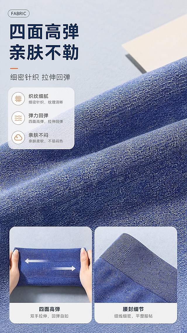 [商品] 使用【图1】蓝色高腰紧身打底裤：保留其混色蓝针织肌理、细密织法与弹力面料厚度感；商品处理：做面料微距，清晰呈现针织罗纹与双色交织纹理，双手轻拉伸裤身面料体现回弹，保留原有颜色，不改变织物结构。
[画面] 页面目标：工艺细节与材质触感；构图骨架：上方一张大幅面料微距特写，下方两个并排小方格分别展示双手拉伸面料与腰封边缘缝线细节；景别：微距特写；背景为浅雾蓝布纹台面与米白纸卡，右侧有柔和长投影，非白底。
[视觉] 套系策略：风格=清爽轻运动商业摄影；标题字=现代无衬线粗体；正文字=简洁无衬线细体；主色=牛仔蓝；背景延展=以牛仔蓝延展出极浅雾蓝与米白层级、柔和渐变、细布纹与纸张质感；强调色=暖橙，仅用于小面积图标与引线；标题色=深藏蓝；正文色=中暖灰；组件=圆角浅底信息卡、细线引线、小号英文角标；光影=左前侧柔和侧光突出织纹起伏。
[文字] 左上主标题“四面高弹 亲肤不勒”，副标题“细密针织 拉伸回弹”，下方3个信息点“织纹细腻 / 弹力回弹 / 亲肤不闷”，可加小号英文“FABRIC”；使用“亲肤”“不易闷”等保守表达，不写检测数据；文字全部横排。
[规格] 9:16竖版，4K，避免变形、错字、虚构检测参数、文字过小、竖排或斜排文字、绝对化用语、颜色改变、水印与平台标识。