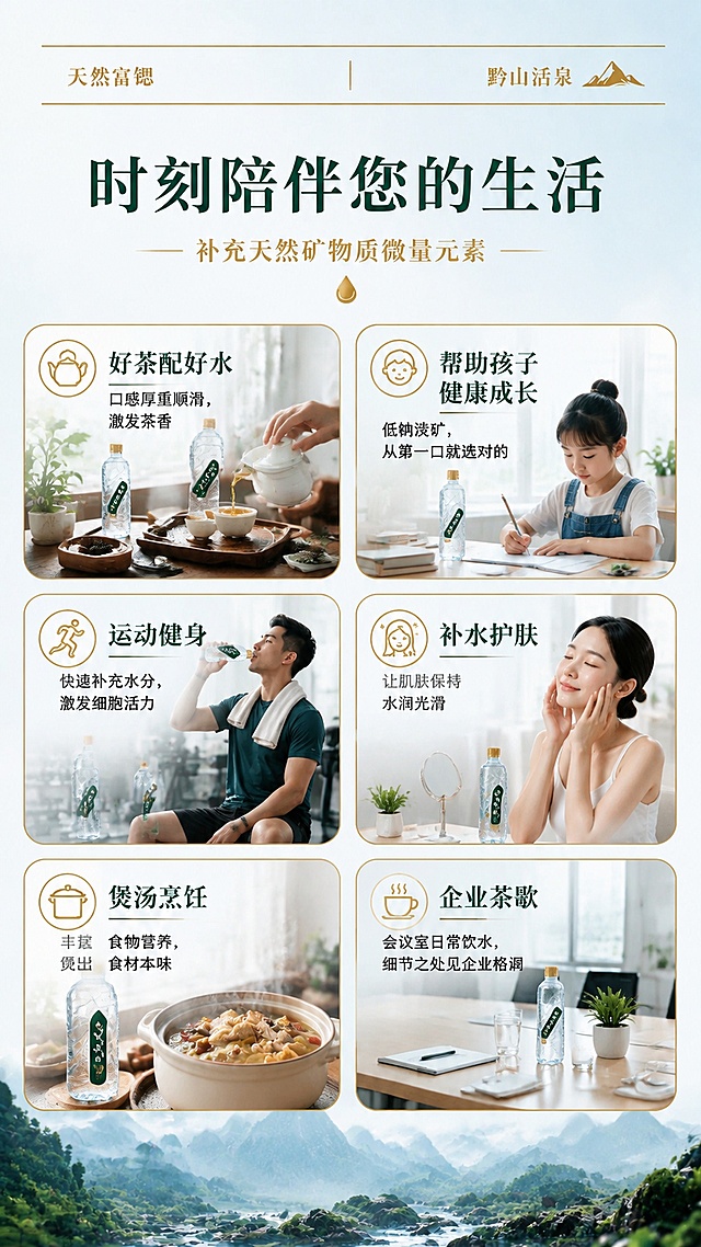 贵州泉饮用天然矿泉水详情页系列第七张：场景唤醒。竖版9:16，墨绿+金色+淡蓝留白品牌视觉体系。顶部保留双金线标签栏。大标题："时刻陪伴您的生活"。副标题："补充天然矿物质微量元素"。画面主体是6个生活场景卡片，2列3行排列：好茶配好水 - 口感厚重顺滑，激发茶香；帮助孩子健康成长 - 低钠淡矿，从第一口就选对的；运动健身 - 快速补充水分，激发细胞活力；补水护肤 - 让肌肤保持水润光滑；煲汤烹饪 - 丰富食物营养，煲出食材本味；企业茶歇 - 会议室日常饮水，细节之处见企业格调。每个场景配精致的金色线框图标+场景小图，整体清新生活化，墨绿金色点缀，版式精美。画面中所有数字必须精确渲染。