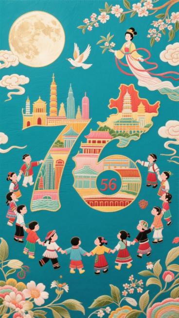 刺绣风格 | 数字76 | 数字笔画填充各省的地标性 | 56个民族的小朋友手拉手围着数字 | 四周有圆月、嫦娥、桂花、和平鸽、祥云等装饰物预览效果