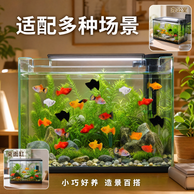 [主图-4] 胎生鱼适用场景展示图；[氛围风格] 生活化场景展示，真实自然；[画质] 商业摄影质感、光线柔和通透、产品清晰真实、画面干净高级；[元素] 保持胎生鱼产品外观（颜色、品种、纹理）与输入图片预览效果