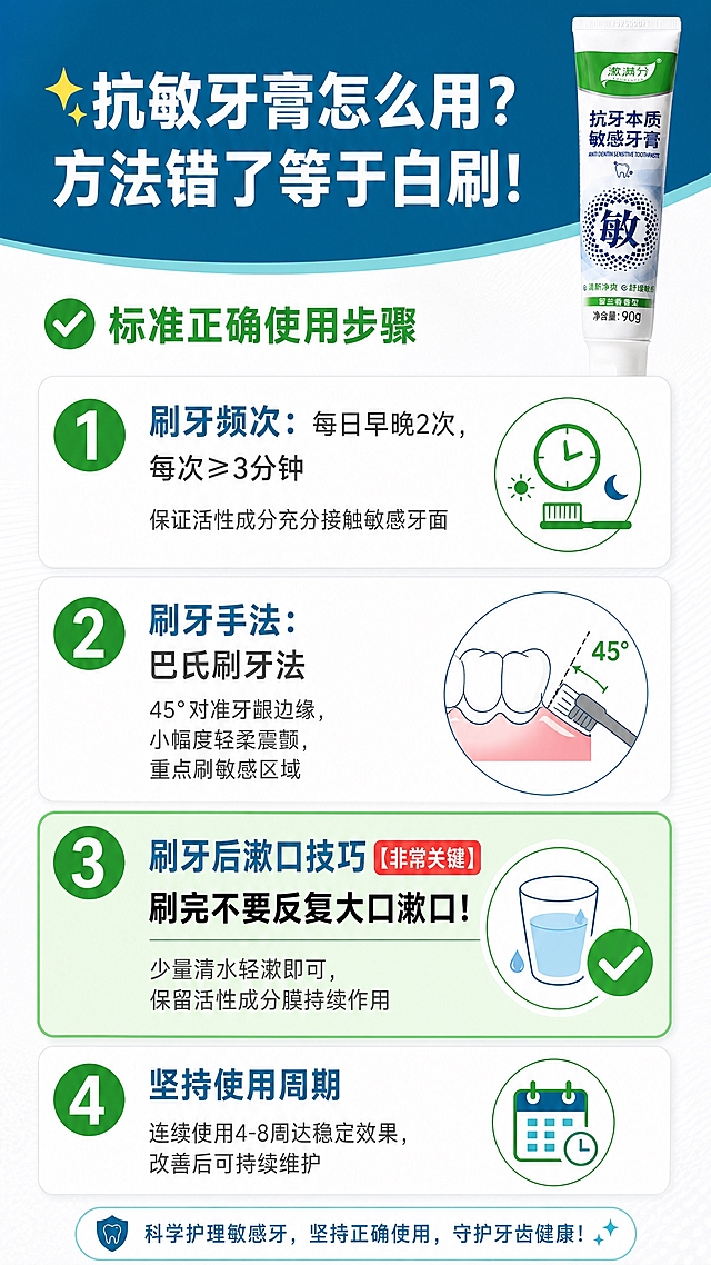 [商品] 页面顶部展示【图1】漱满分牙膏管小图，保留产品外观，作为使用指南主题引入。
[画面] 专业使用指南上半部分——标准正确使用步骤，流程图式竖排4步；每步左侧大号绿色圆形数字编号（1️⃣2️⃣3️⃣4️⃣），右侧步骤标题+简短说明+对应小图标；第2步配巴氏刷牙法简易示意图（牙刷与牙面45°角对准牙龈边缘的简笔画）；第3步"刷牙后漱口技巧"整栏放大高亮，背景浅绿色，文字加粗，标注"【非常关键】"；整体图文对照，步骤清晰，拒绝大段文字。
[视觉] 套系策略：风格=专业口腔护理商业详情页风格，清新科技感；标题字=粗黑体；正文字=清晰无衬线黑体；主色=深海蓝#147899；背景延展=白色底+顶部深海蓝标题栏，步骤区浅灰白底带细微纹理；强调色=绿色（正确/对号标识色）用于步骤编号和正确图标，浅青#72D2BC用于装饰线条；标题色=白色（标题栏上）+深海蓝（步骤标题）；正文色=深灰；组件=绿色圆形编号、圆角步骤卡片、巴氏刷牙法简笔示意图、浅绿色高亮步骤卡；光影=平光清晰排版，高亮卡片有浅绿底色区分。
[文字] 顶部深海蓝底白字大标题带星星图标："✨抗敏牙膏怎么用？方法错了等于白刷！"；副标题绿色："✅标准正确使用步骤"；第1步绿色编号1："刷牙频次：每日早晚2次，每次≥3分钟"，小字说明"保证活性成分充分接触敏感牙面"；第2步绿色编号2："刷牙手法：巴氏刷牙法"，小字说明"45°对准牙龈边缘，小幅度轻柔震颤，重点刷敏感区域"，配简笔示意图；第3步绿色编号3+浅绿色高亮整栏+红色"非常关键"标签："刷牙后漱口技巧【非常关键】"，大字加粗"刷完不要反复大口漱口！"，小字说明"少量清水轻漱即可，保留活性成分膜持续作用"；第4步绿色编号4："坚持使用周期"，小字说明"连续使用4-8周达稳定效果，改善后可持续维护"；所有文字横排，移动端大字清晰。
[规格] 宽度750px竖版详情页，2K分辨率，避免文字过小、步骤不清晰、医疗承诺。