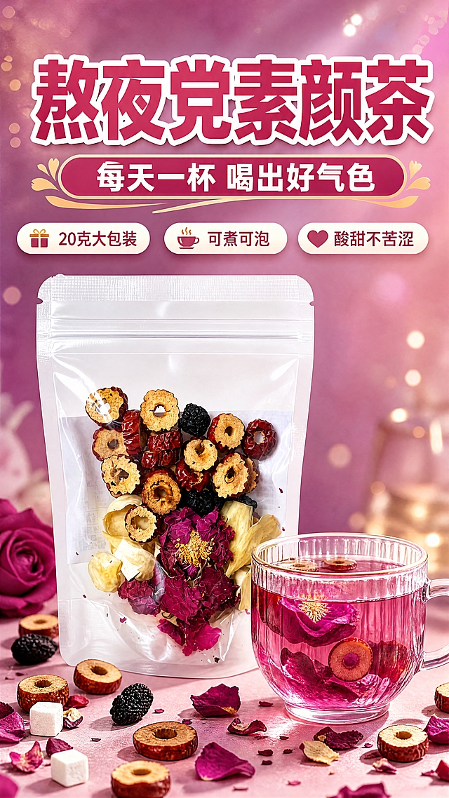 [商品] 使用【图1】玫瑰桑葚茯苓茶透明自立袋正面图；保留透明袋形状、自封条结构、袋内可见的红枣圈、桑葚、玫瑰花瓣、百合片等原料的颜色和形态，保留原料自然分布状态；商品处理：轻微理顺袋身褶皱，增强原料颗粒的通透感和色泽饱和度，不改变包装结构和原料位置。
[画面] 目标：头图海报，主打熬夜党素颜好气色的场景利益，强食欲强种草。构图：上文下图，顶部大标题区占画面30%，中部产品主体占画面50%，底部原料点缀。主体位置：画面中下部居中，茶袋直立摆放，旁边放一杯泡好的紫玫色茶汤玻璃杯，周围散落玫瑰花瓣、桑葚粒、茯苓块、红枣圈作为前景装饰。景别：中景带产品特写。阅读动线：从上到下，先看标题再看产品再看茶汤。前中后景：前景散落原料花瓣，中景茶袋+茶汤杯，后景暖紫渐变柔焦背景带微光光斑。
[视觉] 套系策略：风格=拼多多接地气种草风，高饱和暖调商业摄影；标题字=粗黑体大字报风格，厚重醒目；正文字=圆润无衬线体，清晰易读；主色=深玫红+桑葚紫；背景延展=基于玫红紫做深浅渐变、同色光晕和细腻纸张/花瓣质感；强调色=暖金色，仅用于小面积图标、引线、标签和高光点缀；标题色=深玫红+白色描边；正文色=深棕红；组件=圆角白底信息卡、虚线引线、花瓣形标签；光影=左前侧暖柔光，产品正面打亮，茶汤通透有高光。
[文字] 顶部主标题：熬夜党素颜茶 超大字醒目；副标题：每天一杯 喝出好气色；下方3个短卖点胶囊：20克大包装、可煮可泡、酸甜不苦涩。文字区位于画面上方1/3，不遮挡茶袋主体和茶汤杯。
[规格] 图片比例9:16竖版，4K分辨率，避免变形、错字、文字过小、冷蓝灰背景、包装结构改变、原料颜色失真、医疗功效用语。