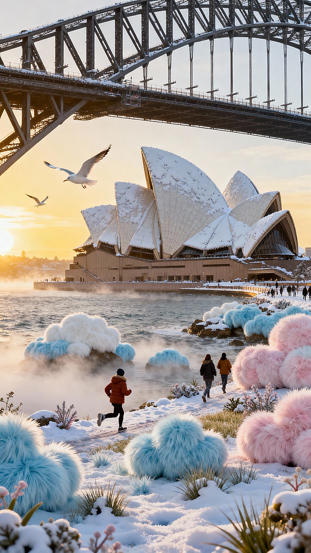 临海视角全景，冬日晨雾中的悉尼歌剧院，贝壳状建筑覆着薄雪，泛着清冷光泽。海面泛着淡蓝雾气，海鸥低飞掠过，远处海港大桥钢架构映着朝阳，岸边行人裹厚衣晨跑