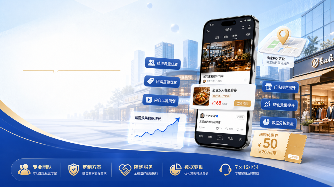 视频号本地生活商家POI团购代运营宣传横图，专业商务风格，用于腾讯广告，展示本地商家服务、团购运营解决方案，无违规内容，构图简洁大气，重点突出运营服务优势预览效果