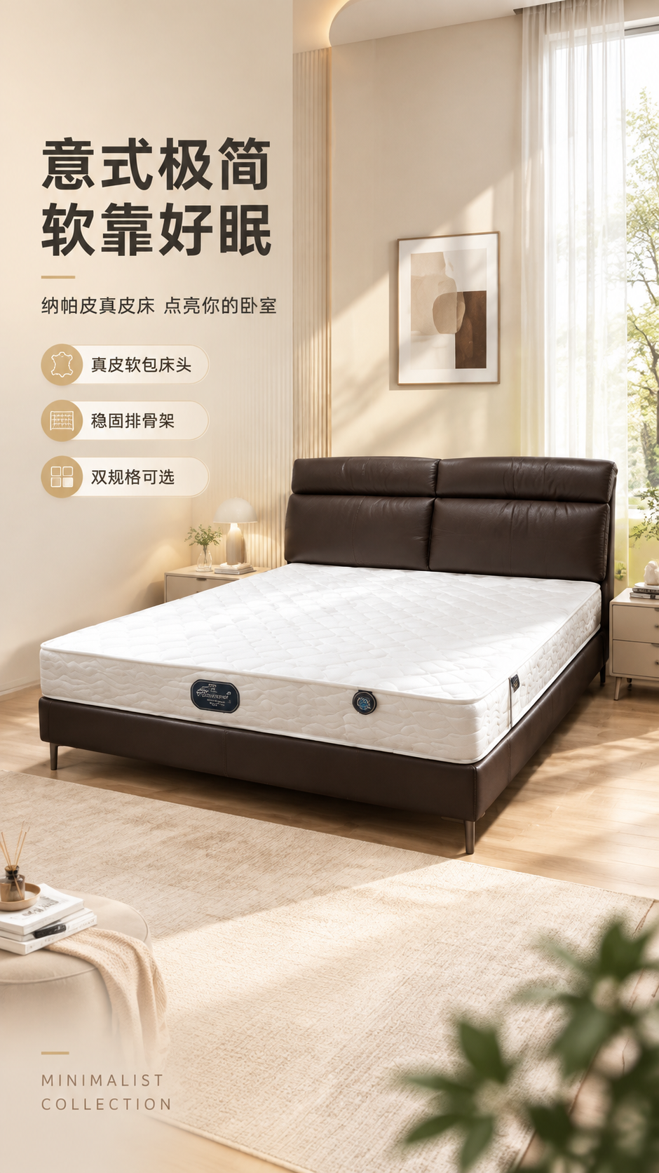 [商品] 使用【图1】意式极简真皮软包床；保留深棕色真皮床头双… - 图片创意预览