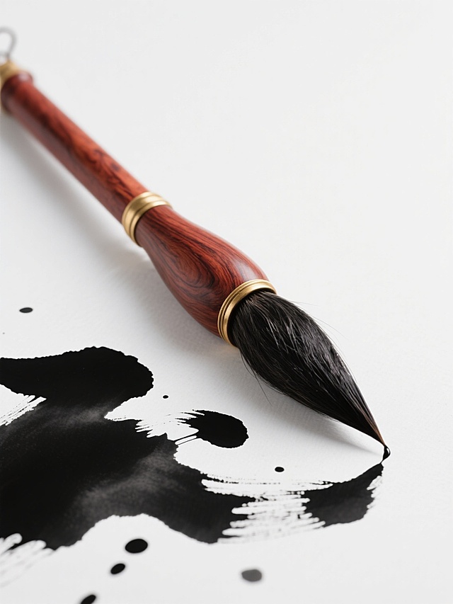 国风意境设计，一支精致的毛笔斜向摆放，笔杆呈现红棕色木纹质感并带有金色装饰环，笔头为乌黑的动物毛发蓬松自然，毛笔下方是浓淡不一的黑色墨水在宣纸上晕染开的墨迹效果，墨迹边缘有飞溅的墨点，整体画面采用中国传统水墨画风格，以黑白棕三色为主色调，背景为纯白色展现留白意境，光影简洁柔和突出毛笔主体，构图简洁大气具有东方美学韵味，营造出典雅古朴的文化氛围。