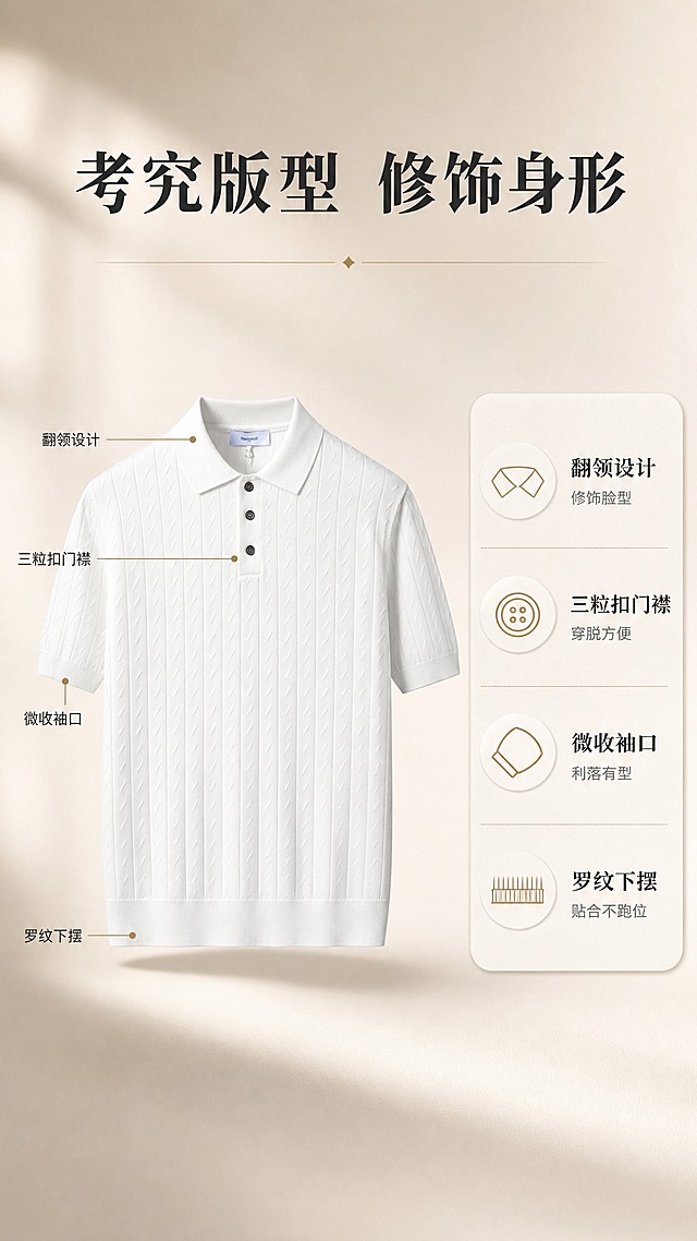 [商品] 使用【图1】白色竖纹针织短袖Polo衫；商品处理：保留翻领、三粒扣门襟、竖纹针织肌理、短袖、罗纹下摆、整体版型和纯白色；自然去除衣身杂乱褶皱，理顺垂坠，增强针织纹理、缝线和纽扣质感，不改变版型、颜色和结构。
[画面] 目标：版型解析页，展示结构细节与穿搭利益。产品正面展示于画面中央偏左，占画面约50%，从翻领、门襟纽扣、袖口、下摆、肩线等部位引出细线标注。右侧留白放置信息卡片。背景为浅米色渐变，底部有柔和投影，增加立体感。
[视觉] 套系策略：风格=轻熟通勤高级商业摄影；标题字=现代衬线粗体；正文字=简洁无衬线体；主色=米白暖调；背景延展=基于米白色做深浅层级、同色渐变和细腻纸张/织物质感；强调色=暖棕金，仅用于小面积图标、引线和标签；标题色=深炭灰；正文色=中暖灰；组件=圆角浅底信息卡、细线引线；光影=左前侧暖柔光，柔和自然阴影。
[文字] 顶部主标题「考究版型 修饰身形」，右侧信息卡列出4个版型卖点：「翻领设计 修饰脸型」「三粒扣门襟 穿脱方便」「微收袖口 利落有型」「罗纹下摆 贴合不跑位」。引线标注对应部位，文字全部横向排版。
[规格] 图片比例9:16竖版，2K分辨率，避免变形、错字、文字过小、冷蓝背景、衣服颜色改变、版型失真、白底孤立。