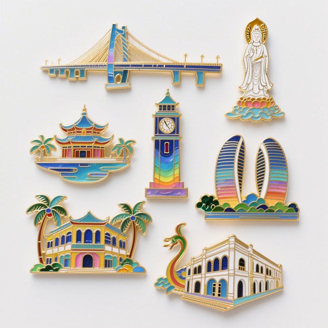 包含海南多个城市地标：世纪大桥、南海观音、钟楼、南天一柱、三亚凤凰岛、骑楼老街，使用渐变色彩设计，纯色白色背景，将这些地标合成设计为冰箱贴样式，景泰蓝绘画风格，超高清4K画质，精致轮廓预览效果