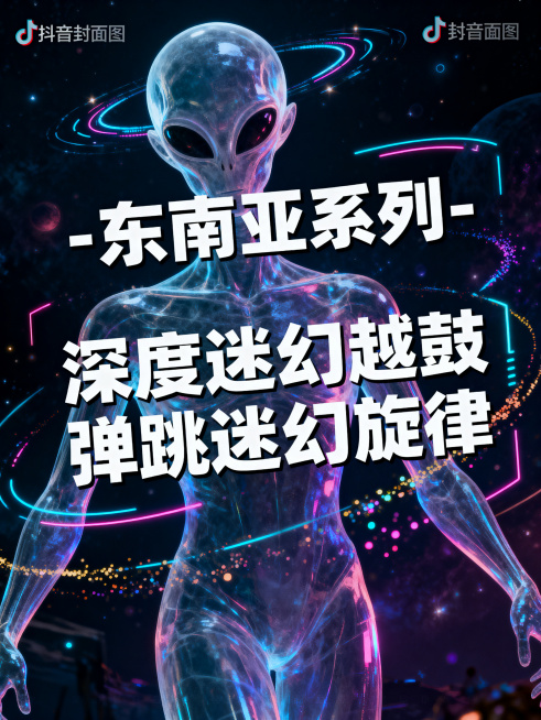 抖音封面图，标题为“东南亚系列-深度迷幻越鼓弹跳迷幻旋律”，带有外星人氛围感，迷幻电子音乐风格，深色霓虹宇宙背景，神秘诡异科幻感，文字清晰醒目，整体氛围迷幻动感预览效果