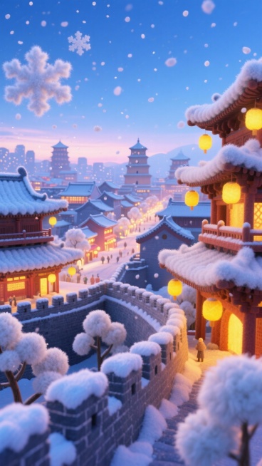 “一幅温暖、梦幻的冬日全景插画，视角从西安城墙眺望，西安历史建筑群。画面是毛绒材质的卡通渲染风格，充满柔软、蓬松的质感。整体笼罩在宁静的蓝色冬日黄昏与暖黄色圣诞灯光的对比中，天空有轻柔飘落的绒毛雪花，预览效果