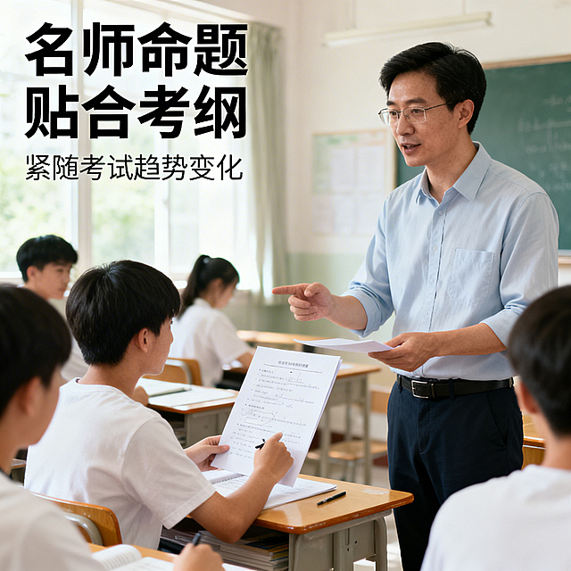 历届高考真题合集电商主图第十三张，清新舒适学习风格，柔和自然光。画面展示教师在课堂上用真题试卷为学生讲解题目的场景，背景是明亮的教室。左上角标题「名师命题 贴合考纲」，下方小字「紧随考试趋势变化」，无衬线黑色字体，文字不遮挡主体内容。