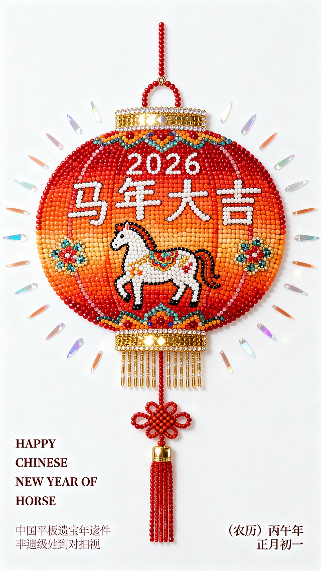 主体是红到橙渐变的圆柱形中式灯笼（表面饰有小马和宝相花纹图案），顶部配挂环与装饰珠，底部带金色饰边、中国结装饰及流苏，周围环绕柔和光晕。上下留白，左右留白，不要撑满整个画面。色调为纯白背景+ 红到橙渐变。画面上方有极细字体"2026""马年大吉"，左下方小字“HAPPY CHINESE NEW YEAR OF HORSE” ，右下方小字“（农历）丙午年 正月初一”