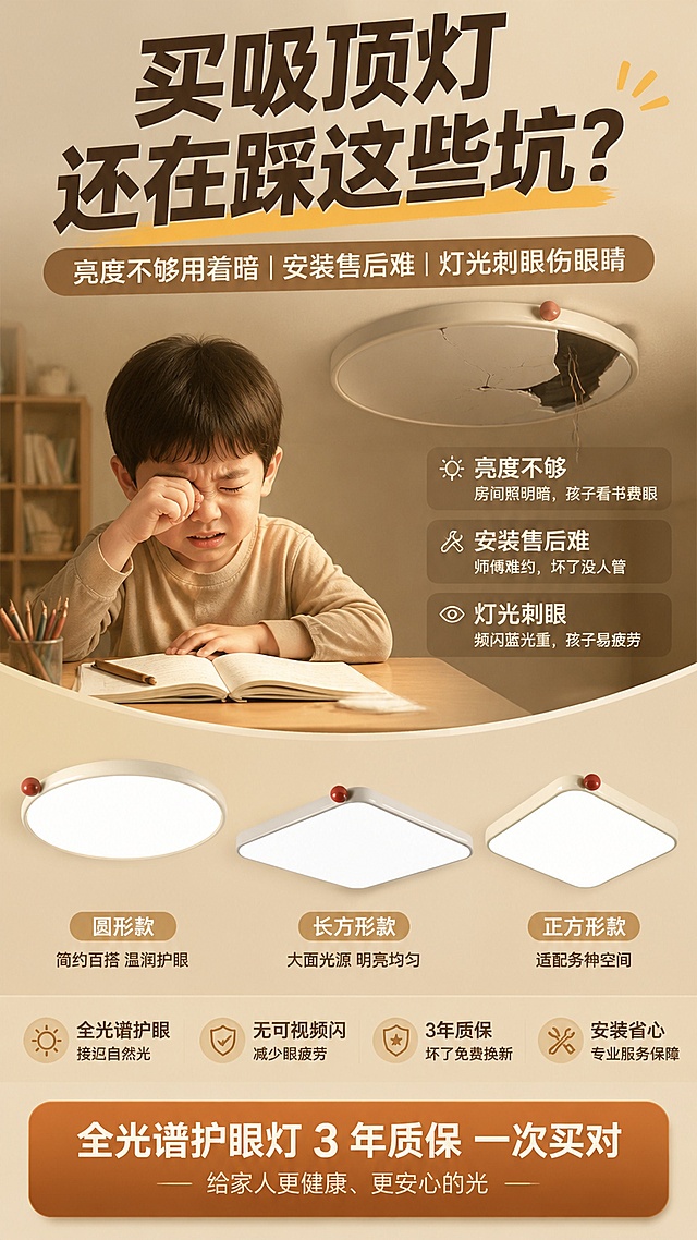 全屏场景合成图，孩子揉眼睛 + 旧灯损坏没人修的场景，放置三款吸顶灯产品，参考图4的暖米色暖色调风格，叠加醒目文案，大标题："买吸顶灯还在踩这些坑？"，副标题："亮度不够用着暗 | 安装售后难 | 灯光刺眼伤眼睛"，底部引导文案："全光谱护眼灯 3 年质保 一次买对"，戳中用户踩坑经历，引发共鸣