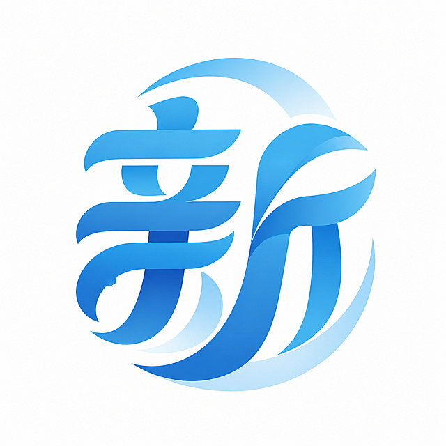 参考当前图片的渐变色块旋转设计风格，将图形重新设计成汉字新字的造型，蓝色渐变，现代标志设计